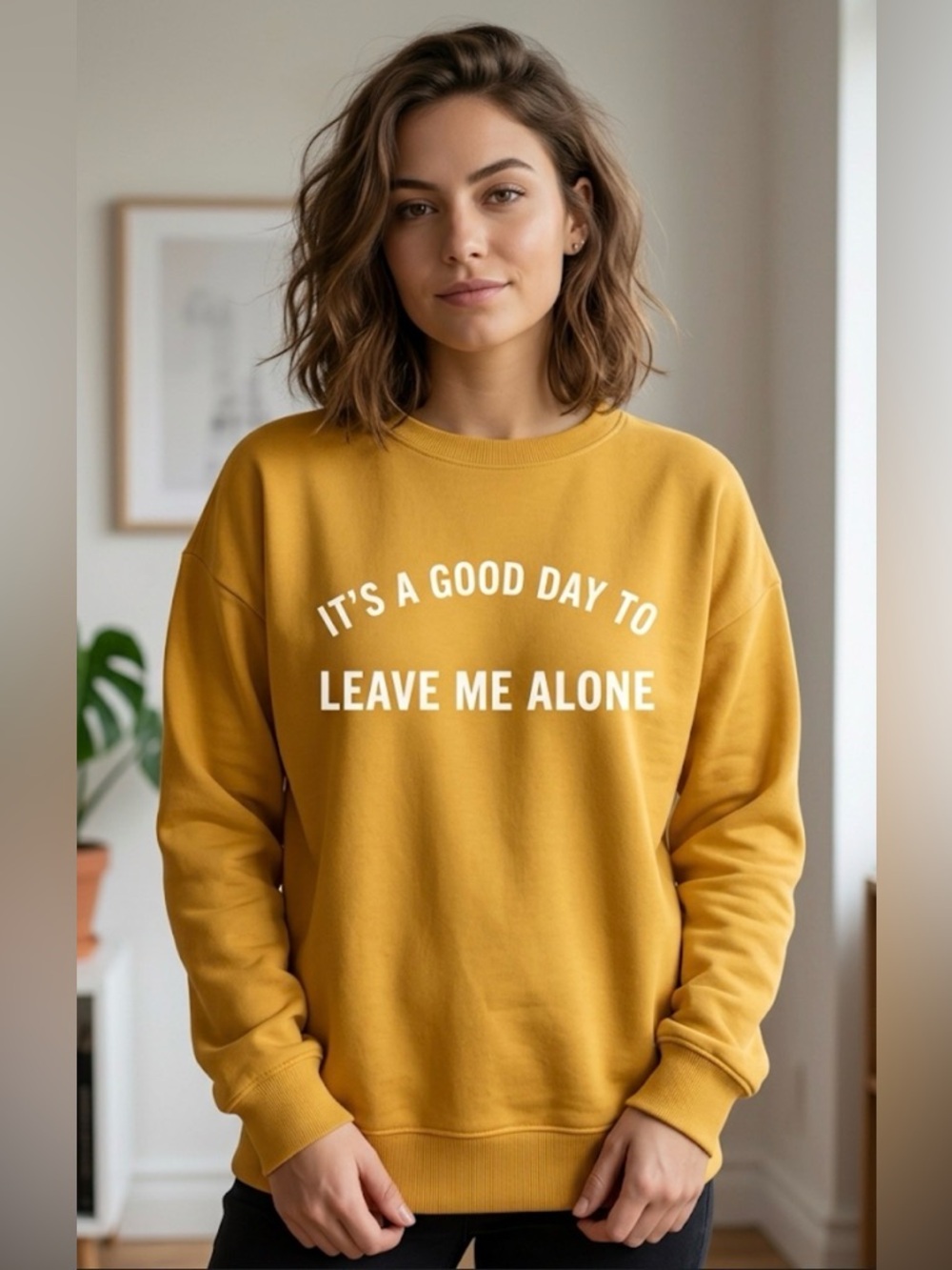 Bluenotes Boyfriend Fit Yellow 'Leave Me Alone' Crewneck Sweatshirt Size Medium